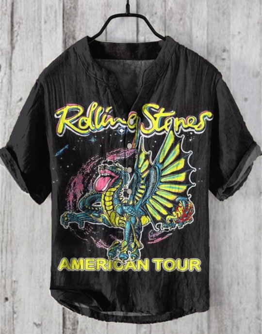 Rolling Stones Print V-Neck Linen Blend Shirt